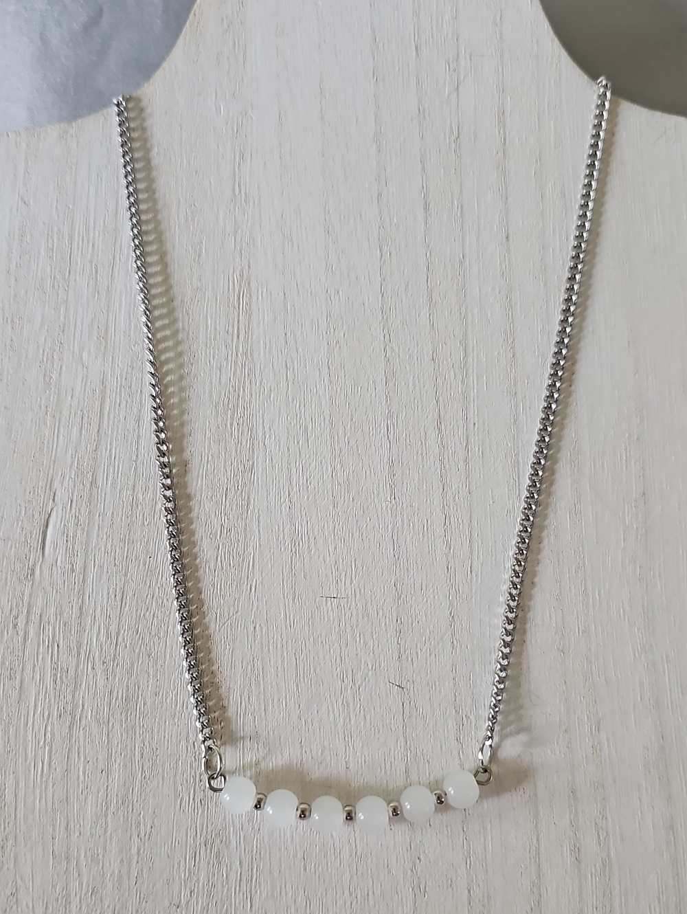 Silver Chain Necklace with White Bead Bar